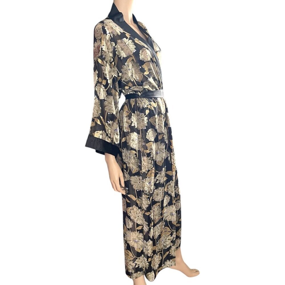 Vintage Judith Hart Black Floral Semi Sheer Maxi Long Robe Kimono Sleeve - Picture 4 of 12